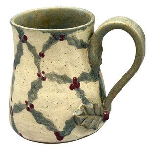 Handcrafted Stoneware Mug Rustic Holly Berry Pattern holds 12 flo oz